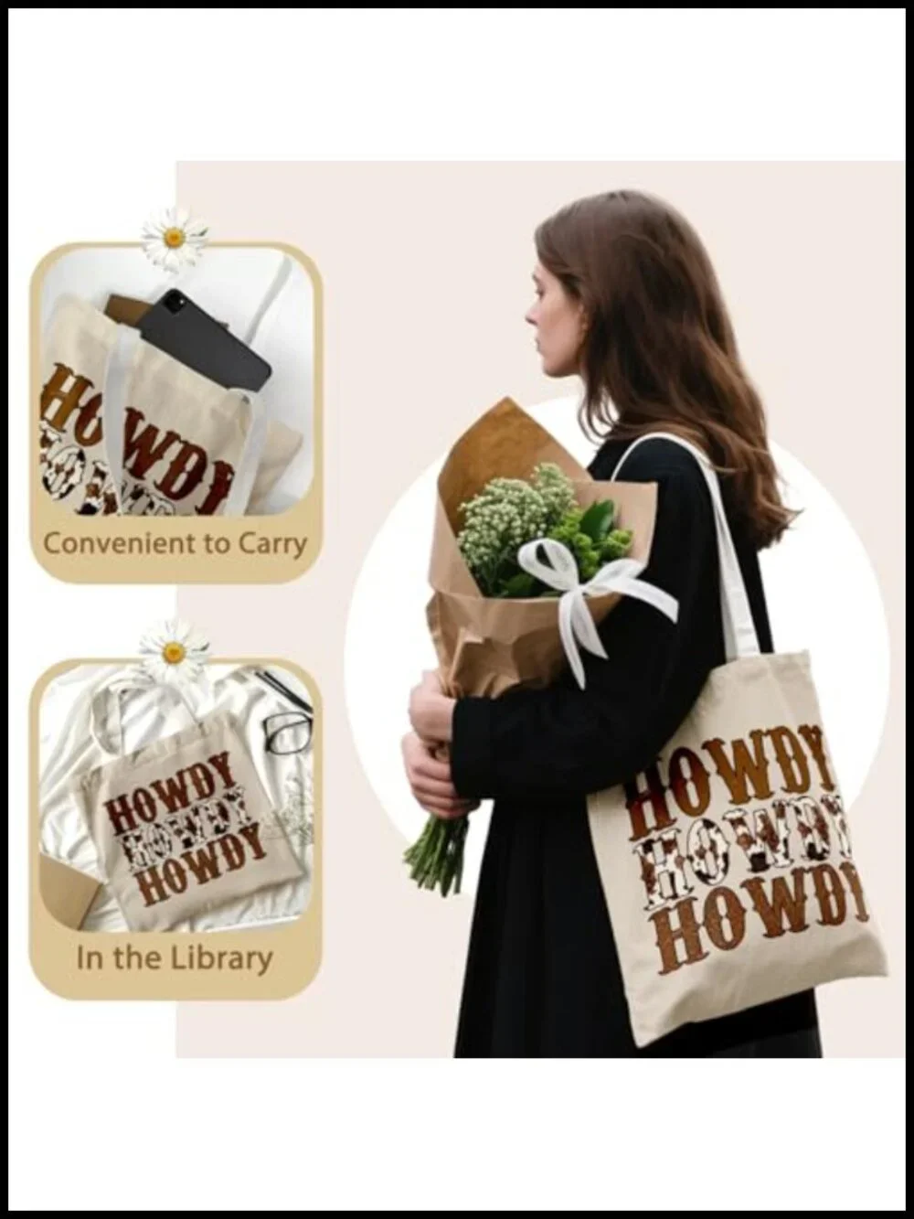 Vintage Western Canvas Tote Bag - Reusable Grocery Shopping Bag